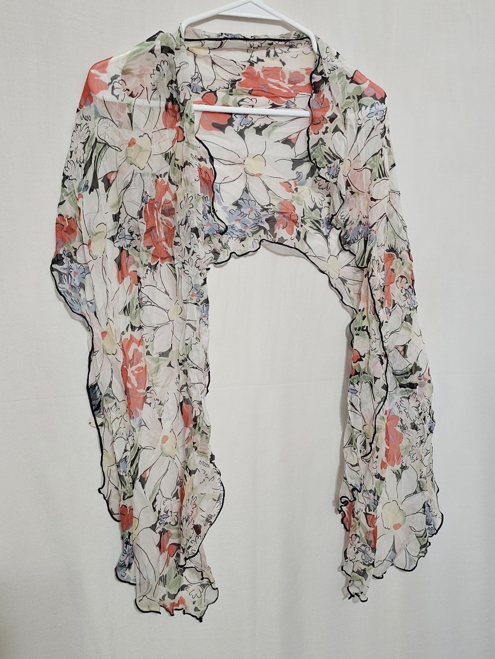 Floral Sheer Scarf Wrap 100% Silk in Cream Coral Beautifully Scallop Trim